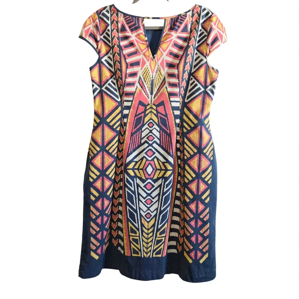 Adrianna Papell Chic Tribal Print Sheath Dress Geometric Cutout Cap Sleeve Sz 12